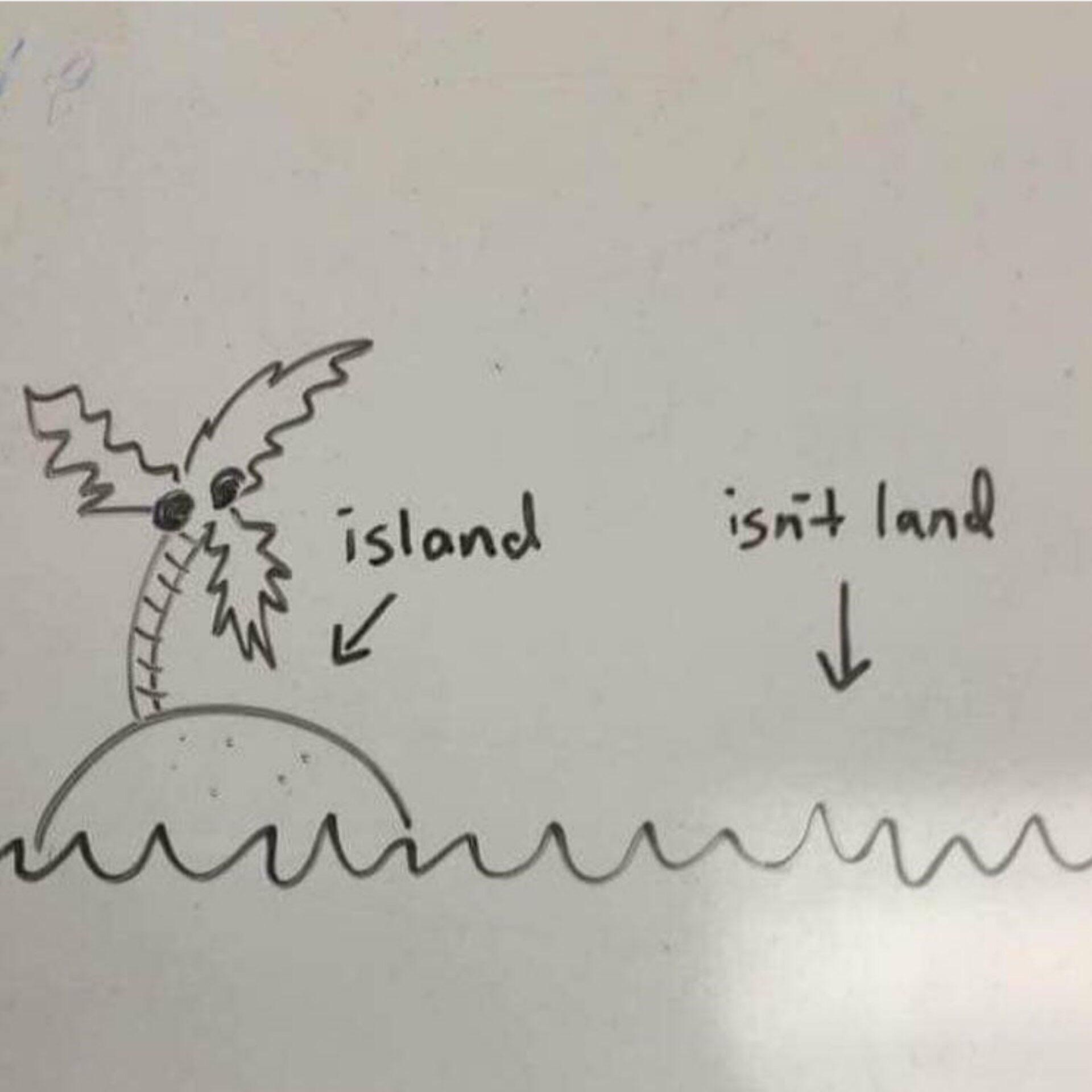 A comic representing an island with a legend pointing on land and not land